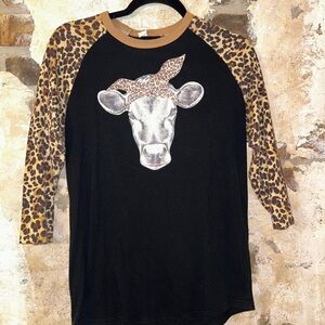 Leopard Sleeve Cow Print Raglan Tee